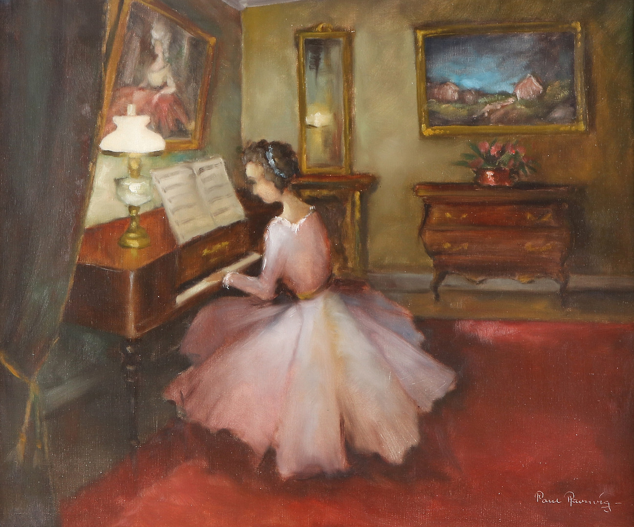 PAUL RAVNVIG (1915-2003). Oljemålning på duk. Signerad. Interiörscen med musicerande kvinna.