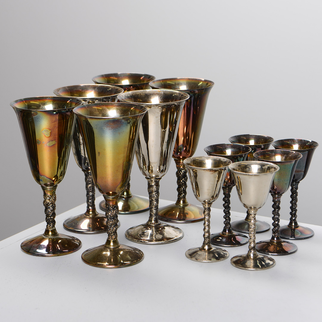 VINGLAS & LIKÖRGLAS, 6+6, silverpläterade, Italien.