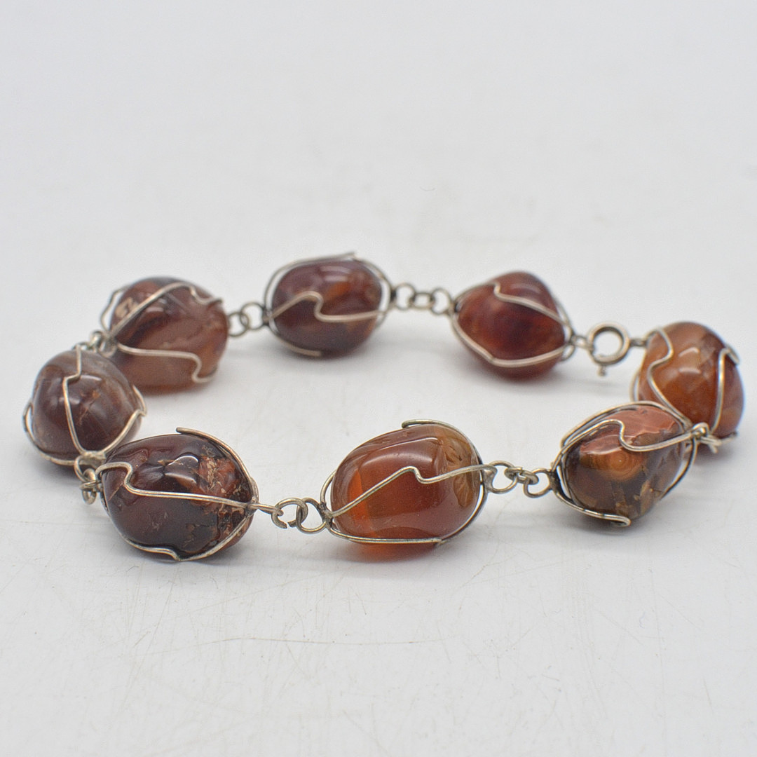 EDELSTEINARMBAND HESSONITE, FASSUNG AUS NEUSILBER, VINTAGE, CA. 24 CM.