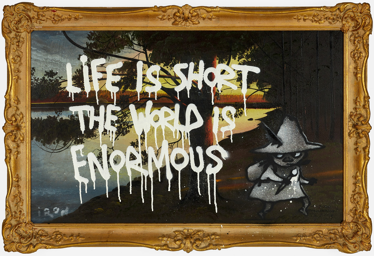 IRON (Sverige, född 1973). "LIFE IS SHORT THE WORLD IS ENORMOUS", signerad Iron, sprayfärg på duk.
