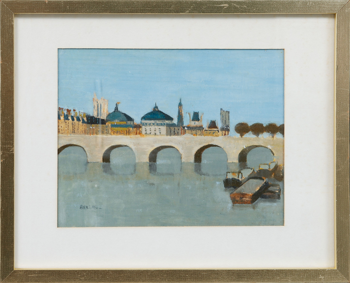 OIDENTIFIERAD KONSTNÄR. Vy över Pont Neuf, oljekrita, signerad N. Berlak.