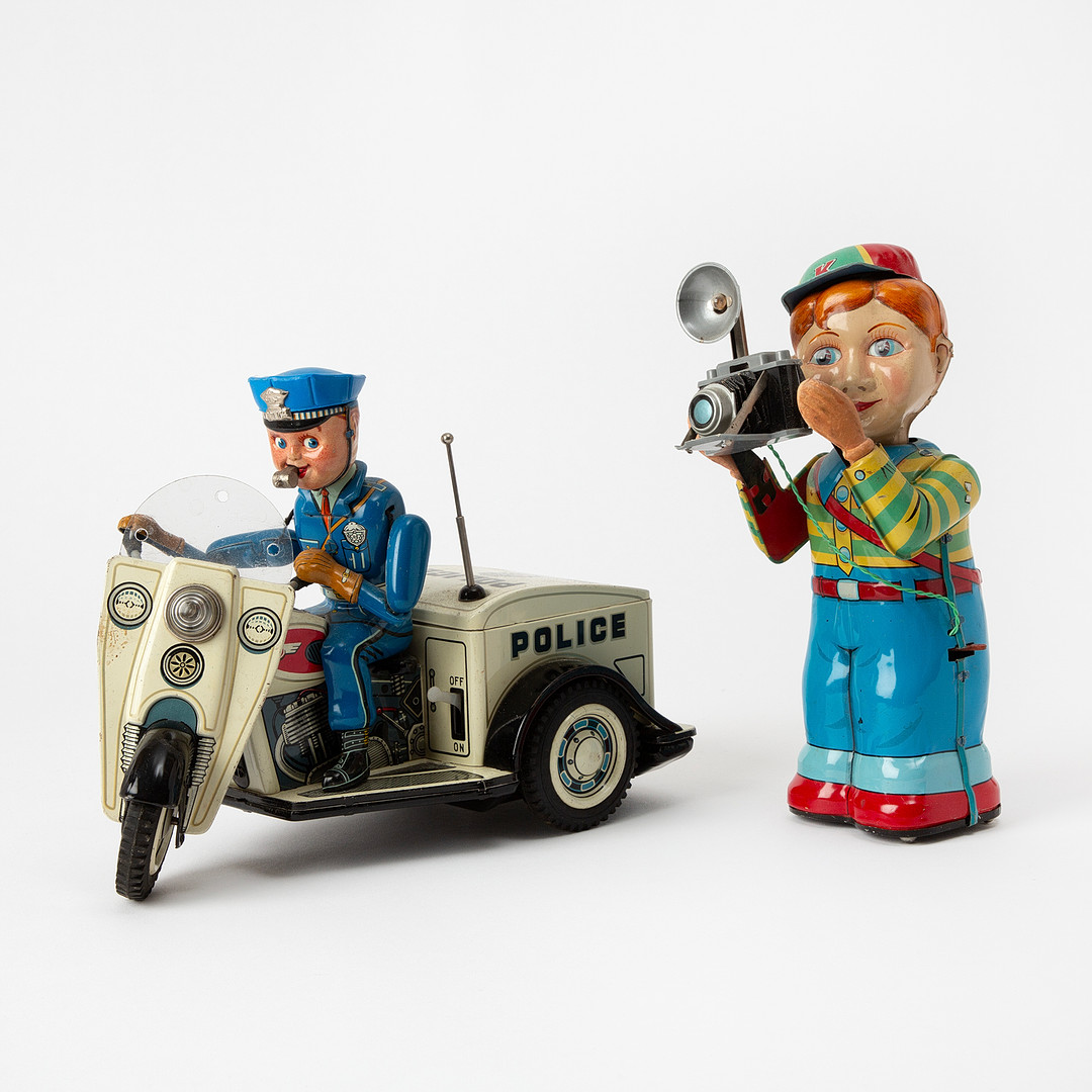 NOMURA, "Shutter-Bug" & "Patrol Auto Tricycle" plåt, Japan, 1950-tal.