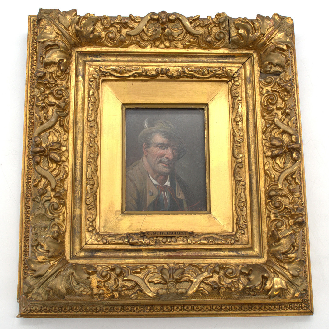 CARL (CÖLESTIN) SCHLEICHER. (1825 - 1903) ALTERSPORTRÄT EINES HERREN MIT HUT, ÖL AUF HOLZ, GENREMALEREI, ORIGINAL-RAHMEN. WIEN, ÖSTERREICH 19. JAHRHUNDERT.