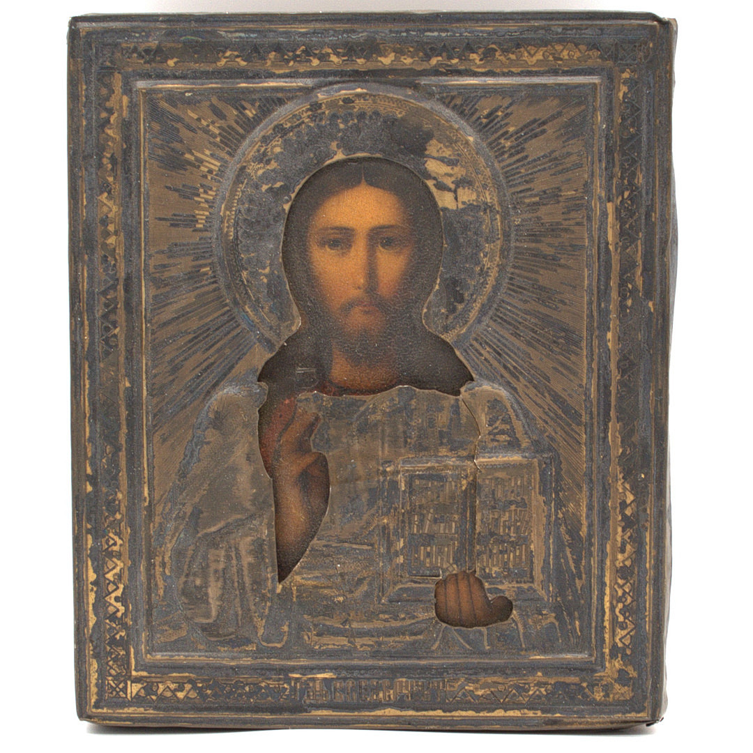 ANTIKE RUSSISCHE IKONE, CHRISTUS PANTOKRATOR, MIT SILBEROKLAD MOSKAU ENDE 19. JAHRHUNDERT.