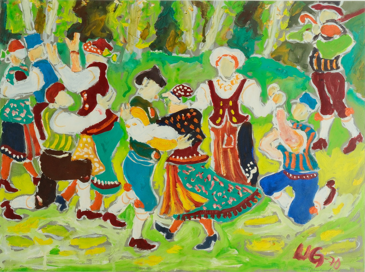 ULF GRANLUND. Blandteknik på papper, motiv med dansande folkdräktsklädda figurer, signerad och daterad 1970.