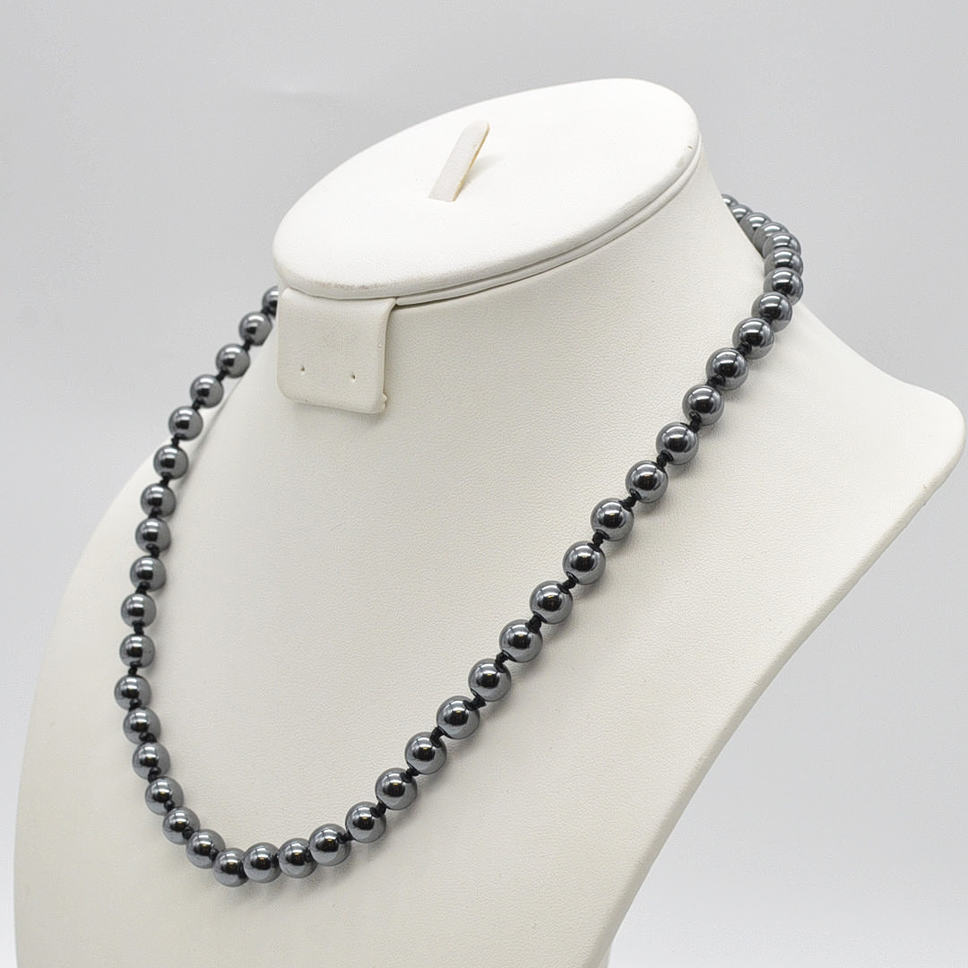 HÄMATIT PERLENCOLLIER, PERLEN EINZELN GEKNÜPFT, GRAU, VINTAGE, CA. 51 CM.