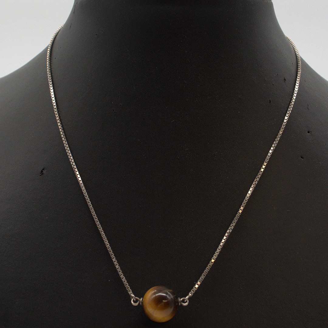 COLLIER MIT TIGERAUGE IN KUGELFORM, KETTE AUS 835 SILBER, HANDGEMACHT, VINTAGE, DEUTSCHLAND.