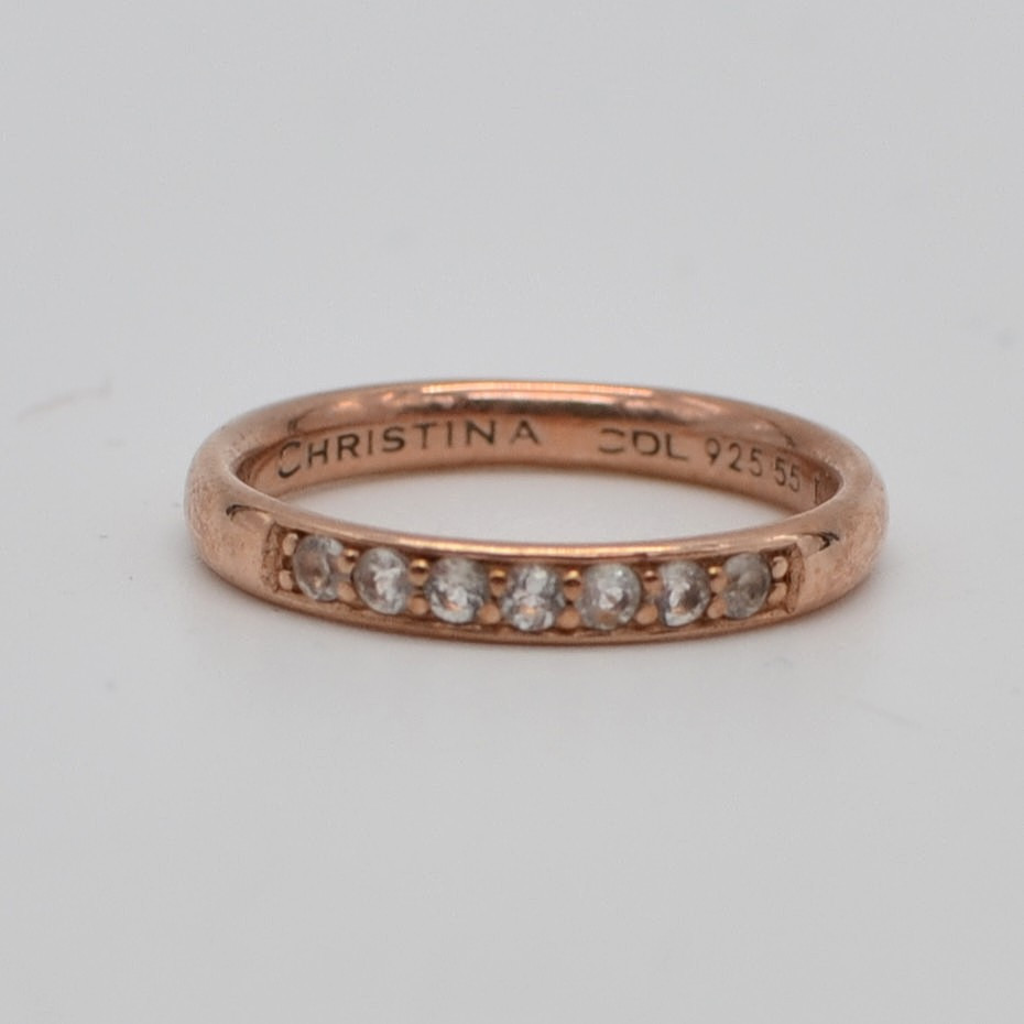 CHRISTINA COLLECT, VINTAGE DESIGNERRING, VERGOLDETER STERLINGSILBER, IN ROTGOLD MIT ZIRKONIA BESATZ, RING GRÖSSE CA. 15 / 55 MM IM UMFANG.