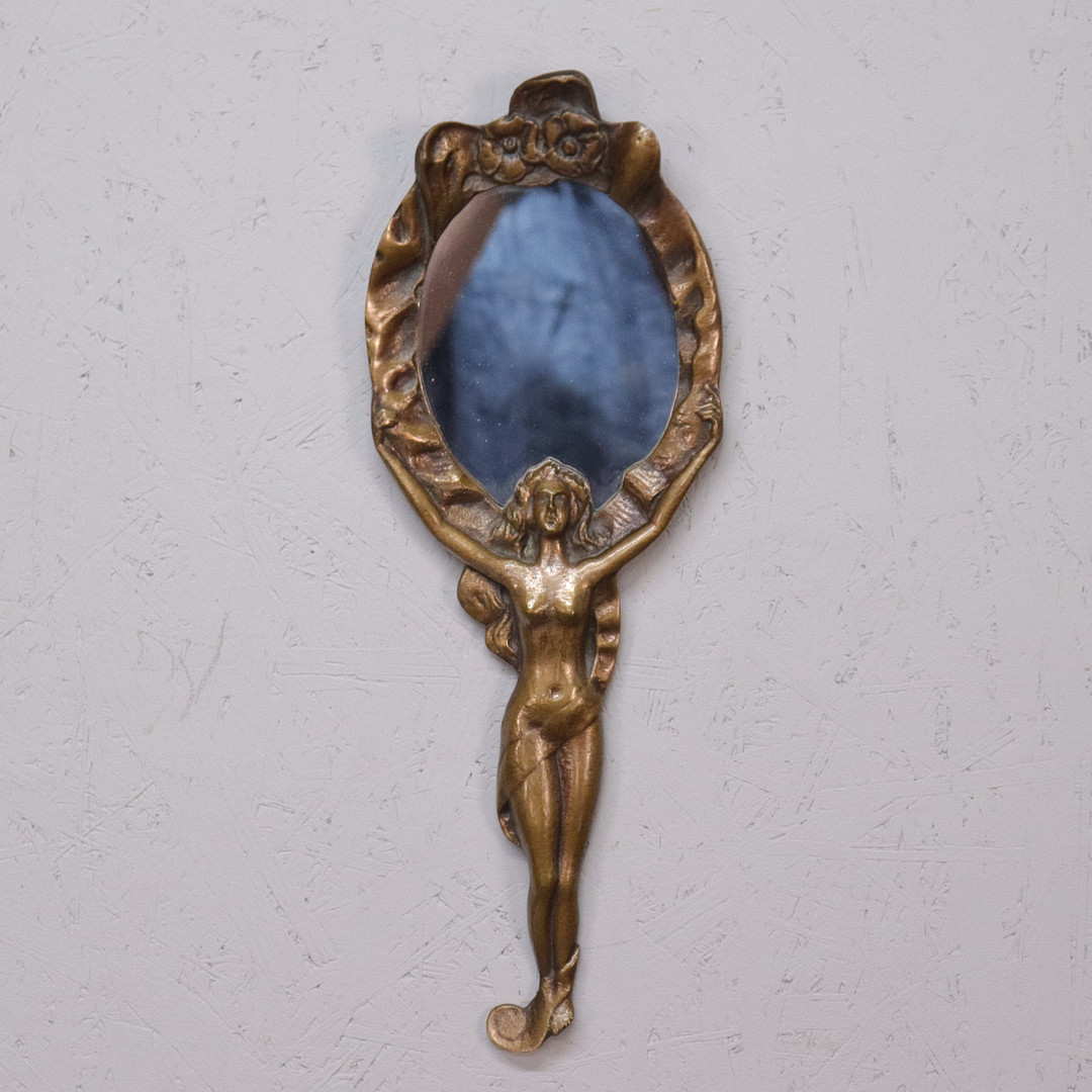 SPEGEL, brons med kvinnoskulptur, jugend, 1900-tal.