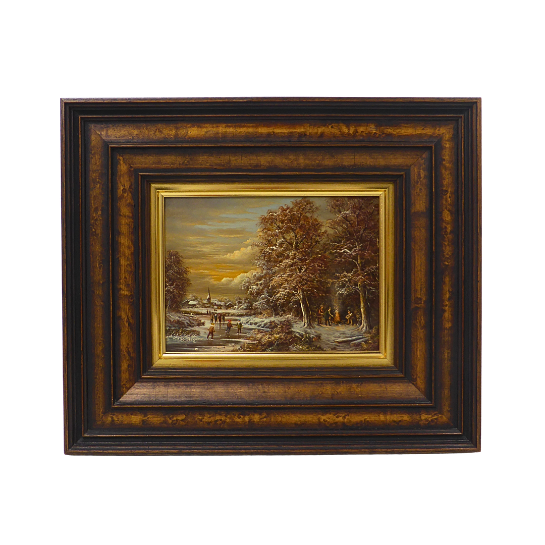 FRITZ ZSCHIESCHE (1926–2012), VERSCHNEITE WINTERLANDSCHAFT MIT EISLÄUFERN, ÖL AUF PLATTE, UNTER PSEUDONYM HANDSIGNIERT.