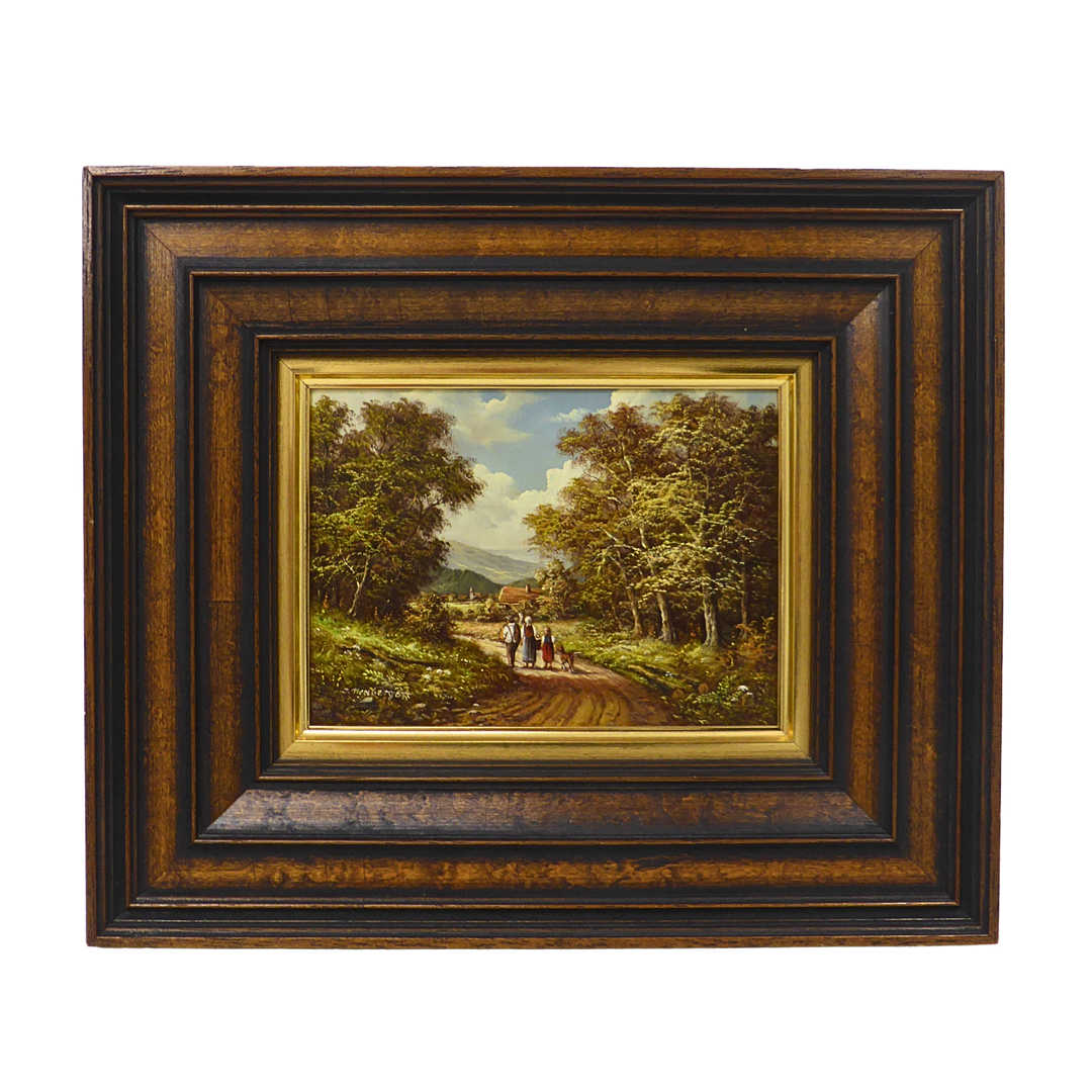 FRITZ ZSCHIESCHE (1926–2012), LANDSCHAFT MIT SPAZIERGÄNGERN AUF EINEM WALDWEG, ÖL AUF PLATTE, UNTER PSEUDONYM HANDSIGNIERT.