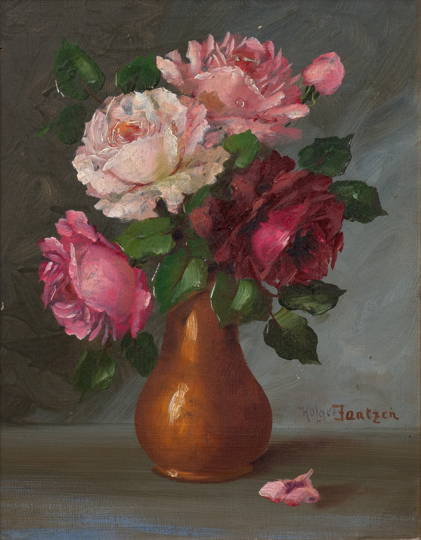 Olie på lærred. Blomster opsætning, Still life signeret. Holger Jantzen. Starten af 1900-tallet.
