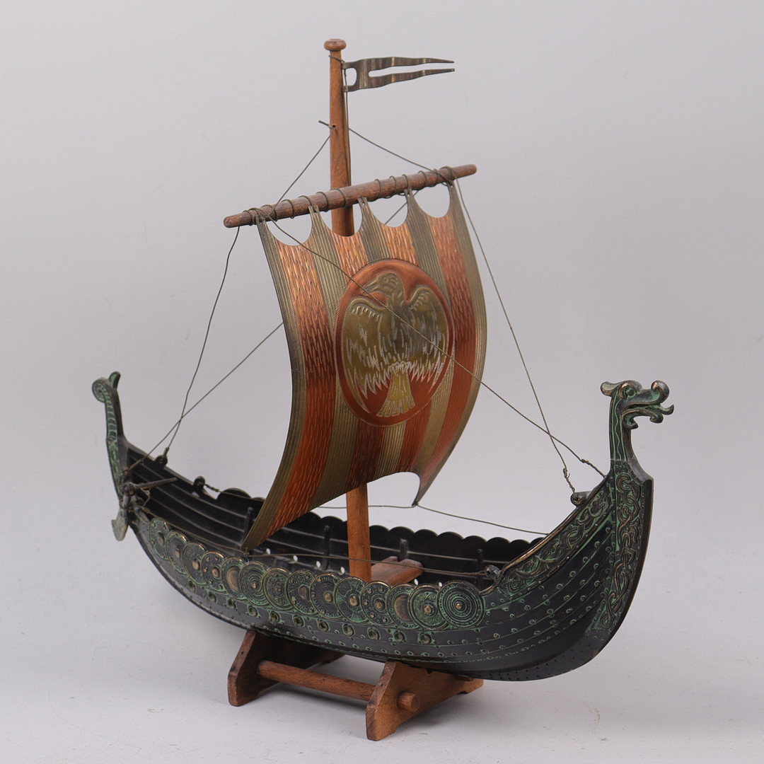 EDWARD AAGAARD. vikingaskepp, brons och koppar, Iron Art Copenhagen, Danmark, 1900-tal.