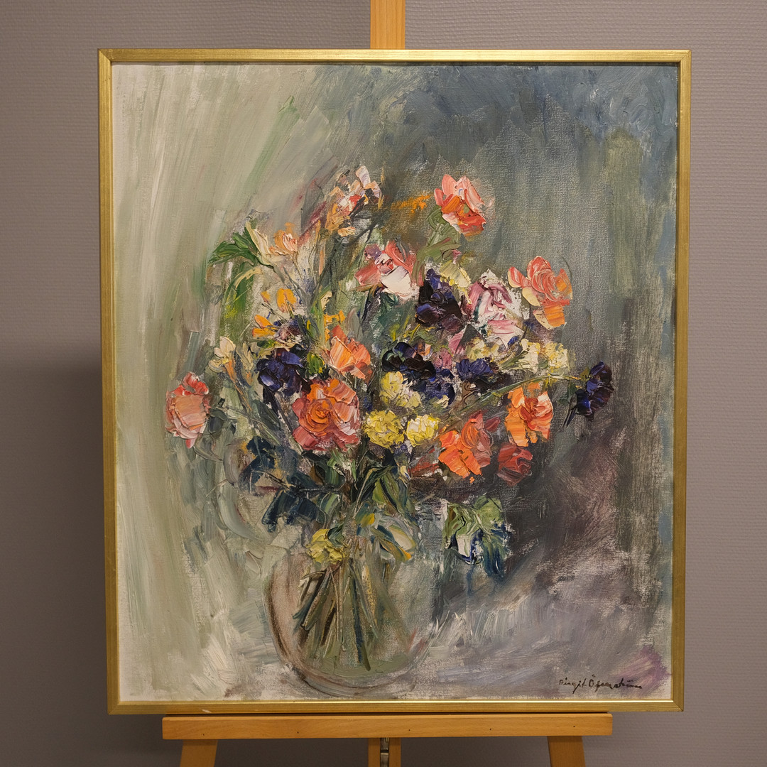 BIRGIT ÖFVERSTRÖM. OLJA PÅ DUK. STILLEBEN, BLOMMER I VAS.