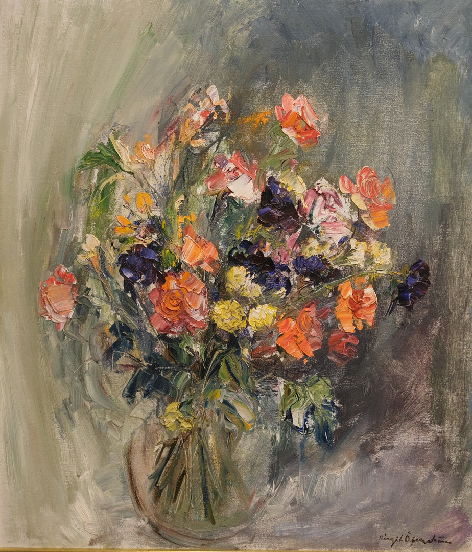 BIRGIT ÖFVERSTRÖM. OLJA PÅ DUK. STILLEBEN, BLOMMER I VAS.