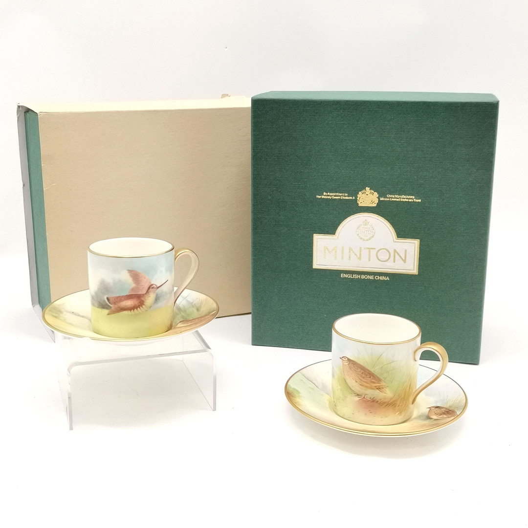 MINTON 2x HAND PAINTED GAME BIRDS CABINET CUPS & SAUCERS.