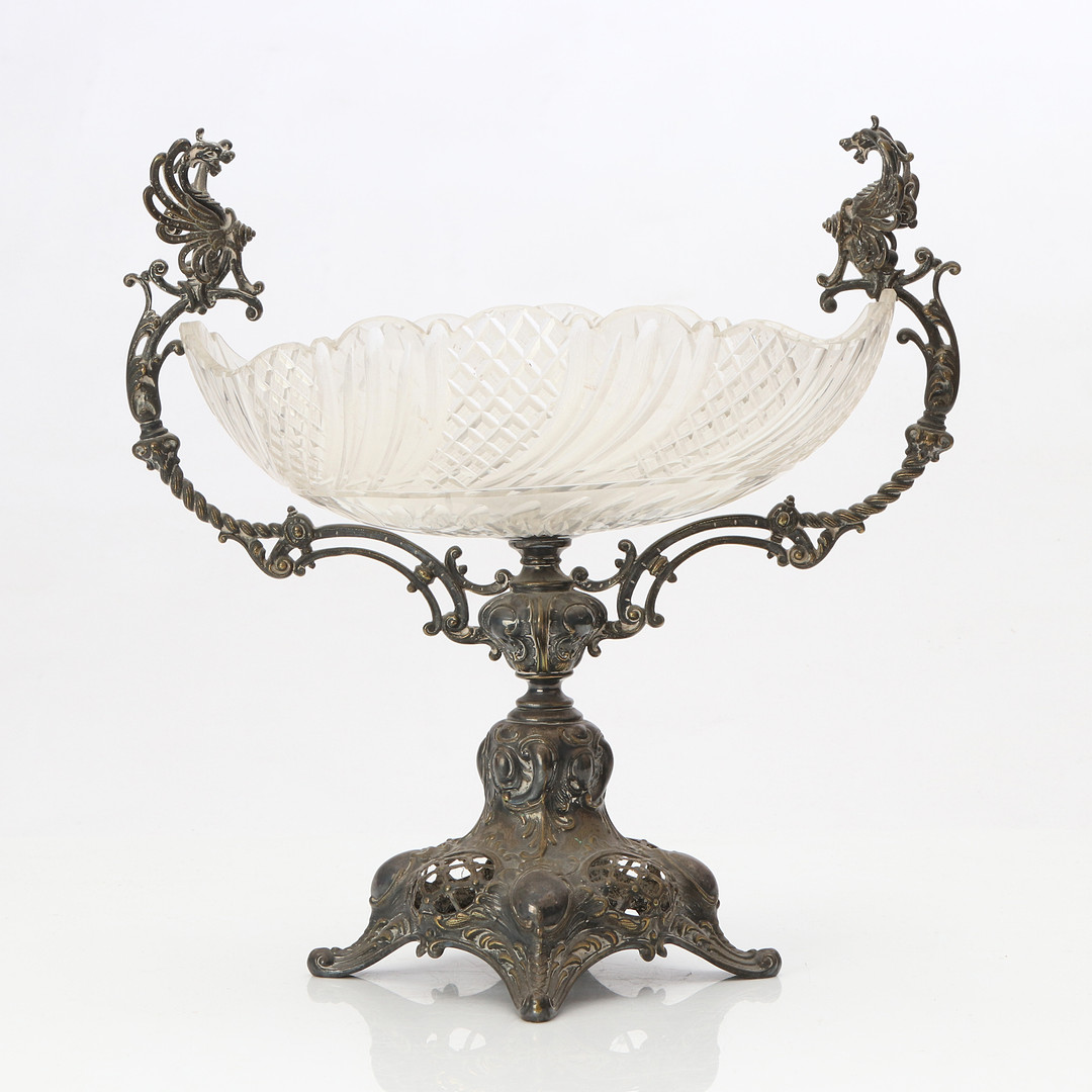 UPPSATSSKÅL. Nysilver med glasskål. Nyrokoko, 1800-tal.