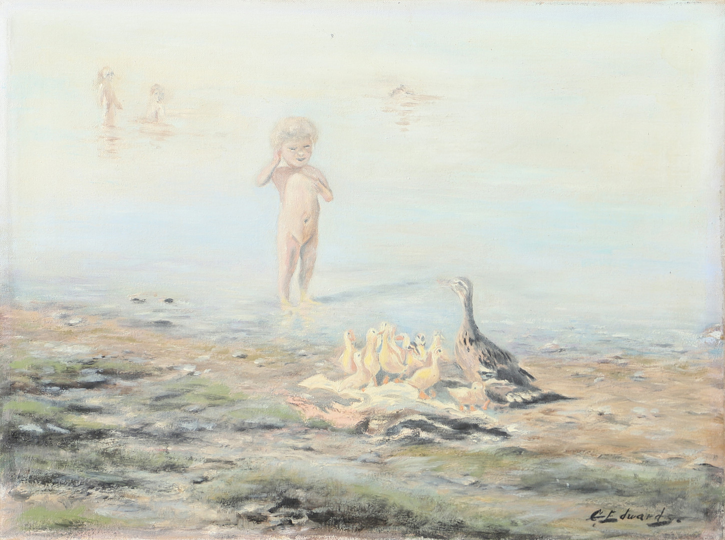 OIDENTIFIERAD KONSTNÄR. Barn och fåglar på stranden, olja på duk, signerad Edward.
