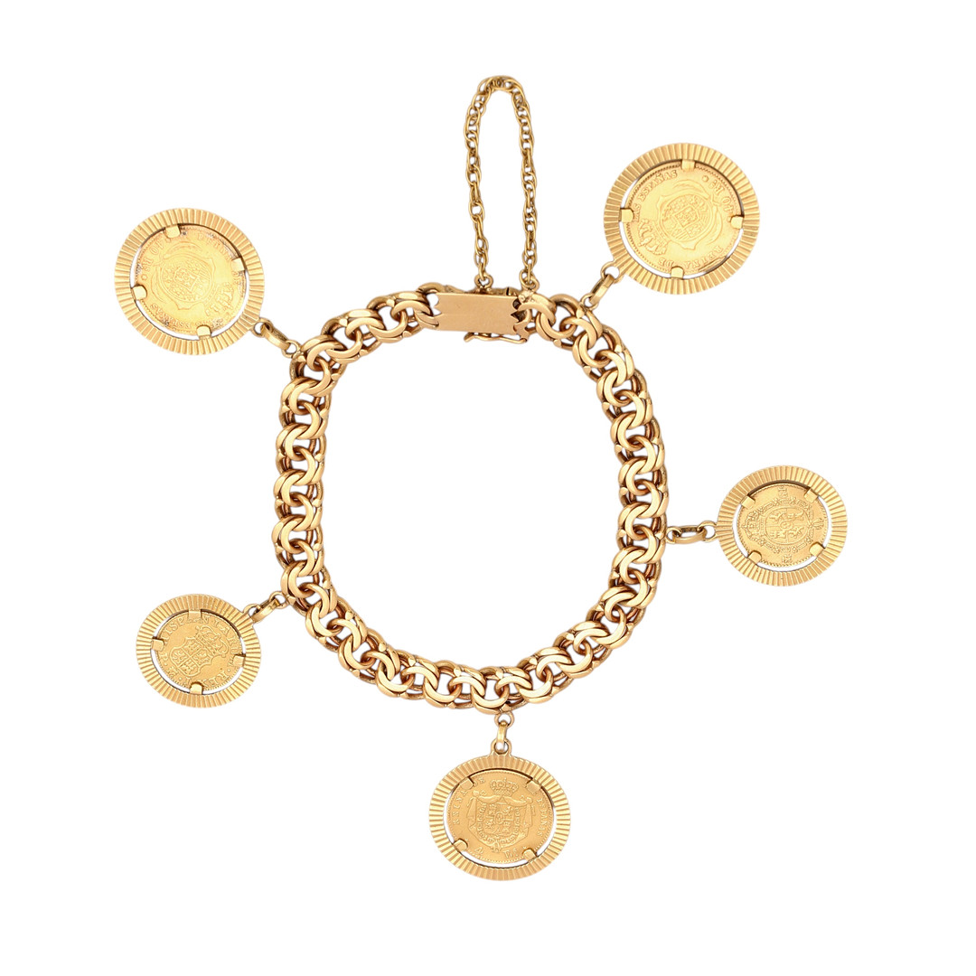 Gold bracelet with 5 pendant Spanish coins.