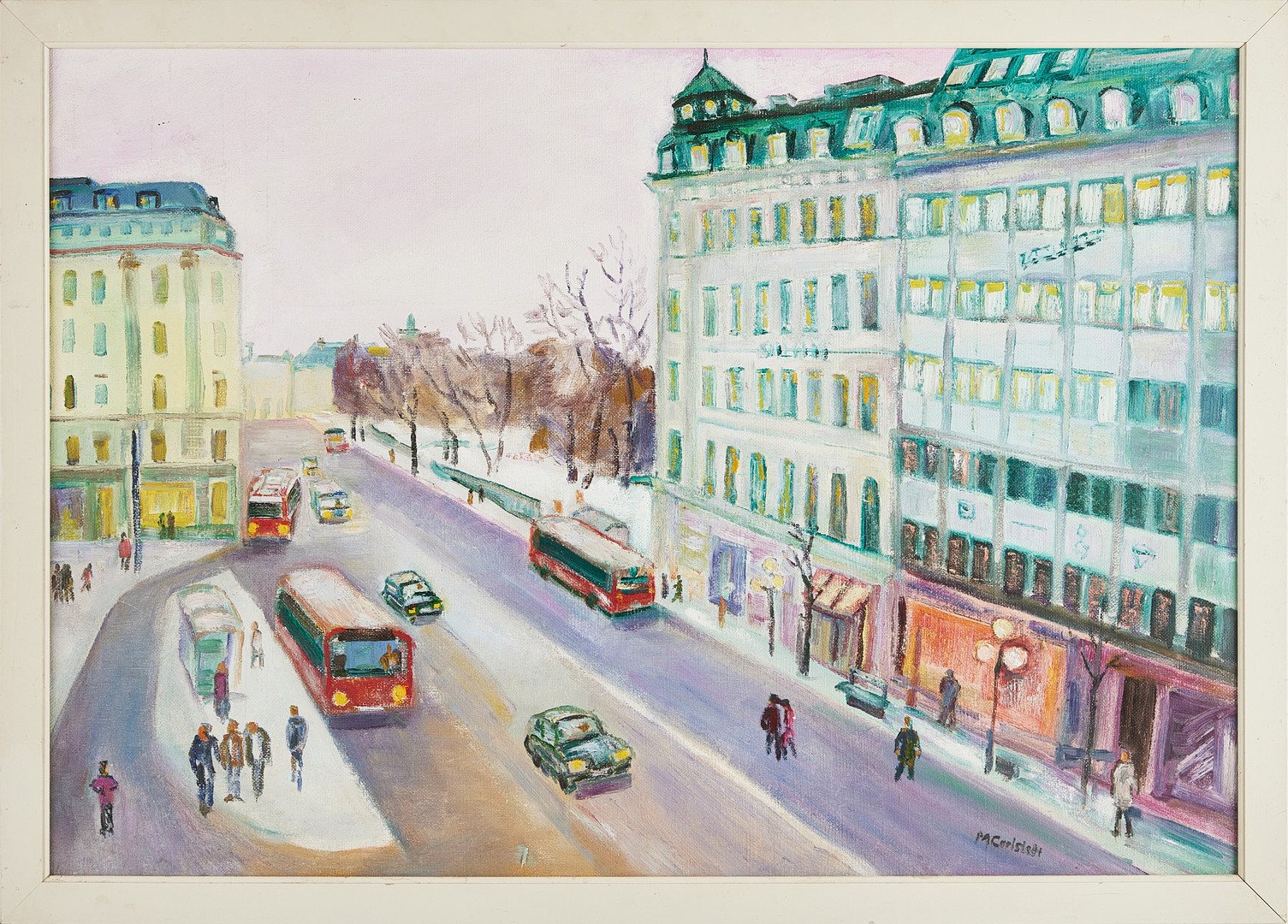 MARGARETA CARLSTEDT (f. 1934) Norrmalmstorg februari, oljemålning på pannå, signerad M Carlstedt.