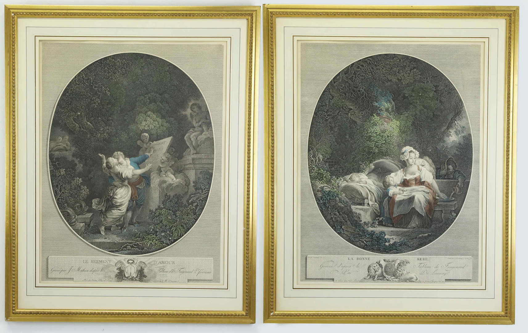 JEAN HONORÉ FRAGONARD. EFTER. gravyer, 2 st, "La bonne mere" och "le serment d'amour", 1800-tal.