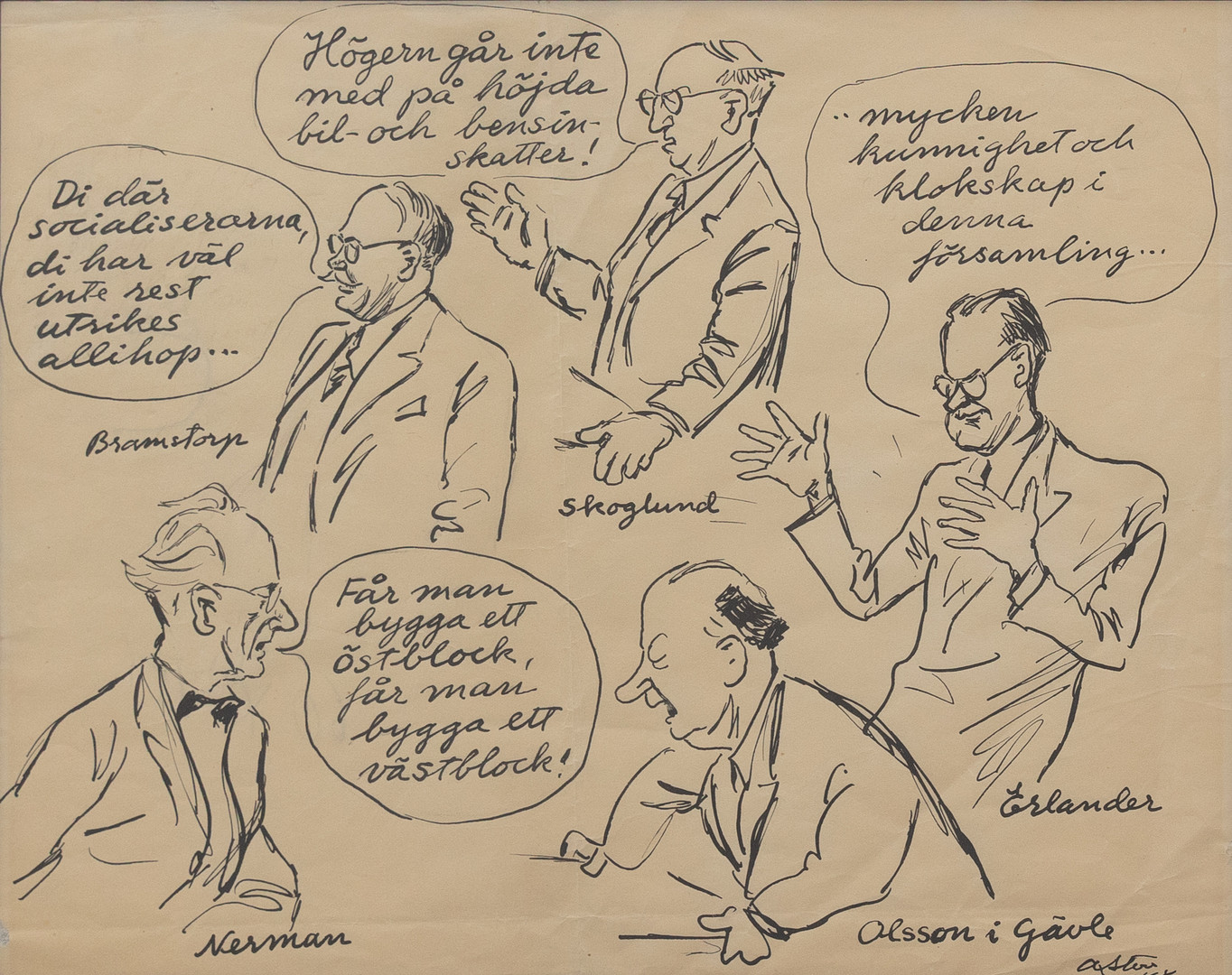 ANDERS STEN (1903-1995). Prat om politik, tuschteckning, signerad och daterad -48.