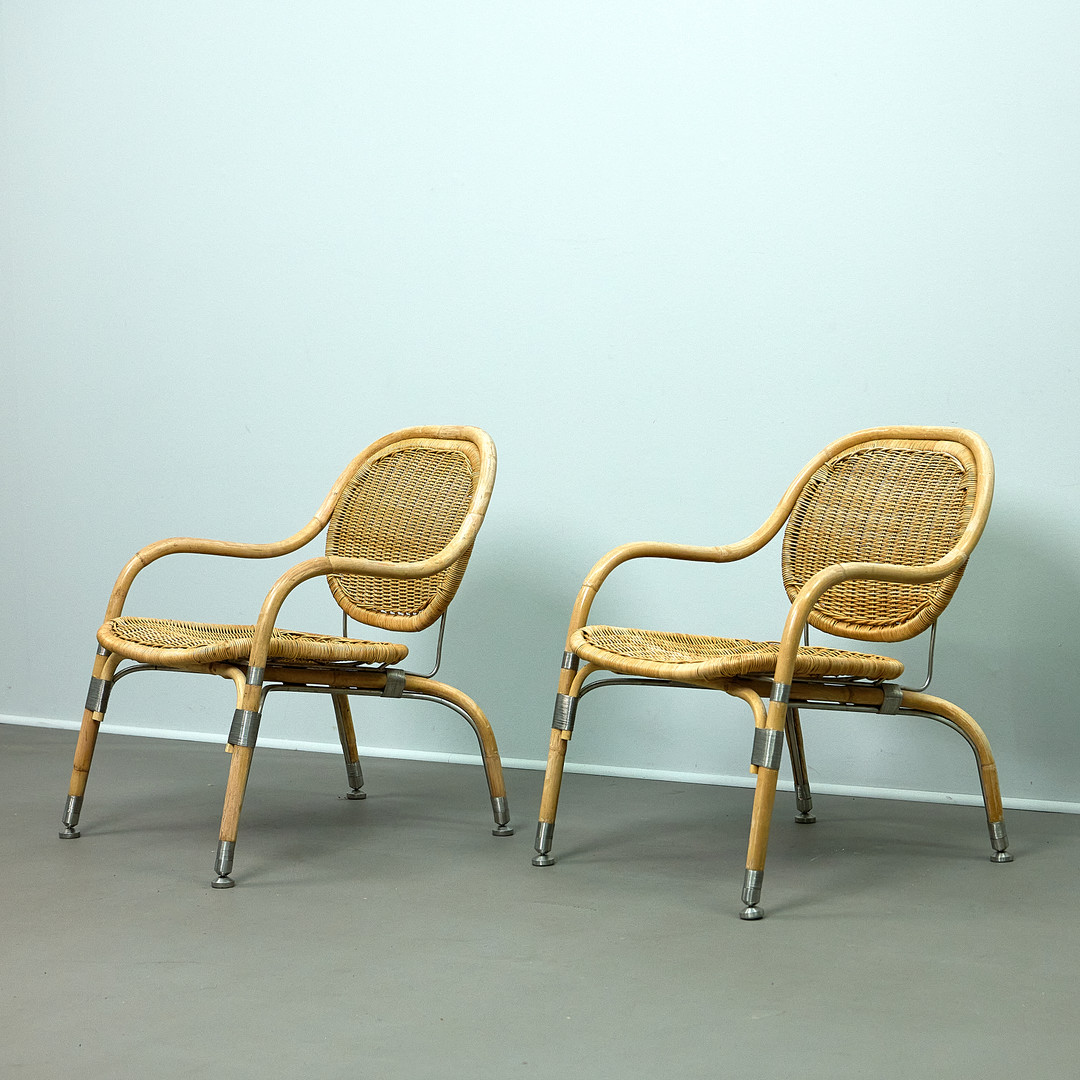 MATS THESELIUS. Modell „Nätön“ für IKEA PS-Kollektion. Paar Sessel, Bambusrattan und Aluminium, 2000er Jahre (2).