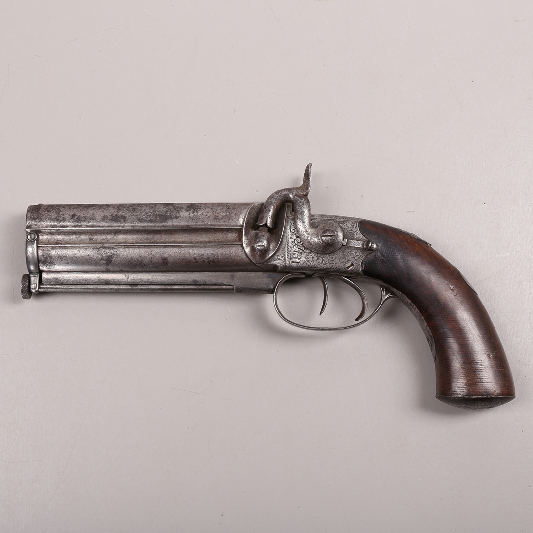 SLAGLÅSPISTOL, dubbelpipig bockmodell, 1800-tal.