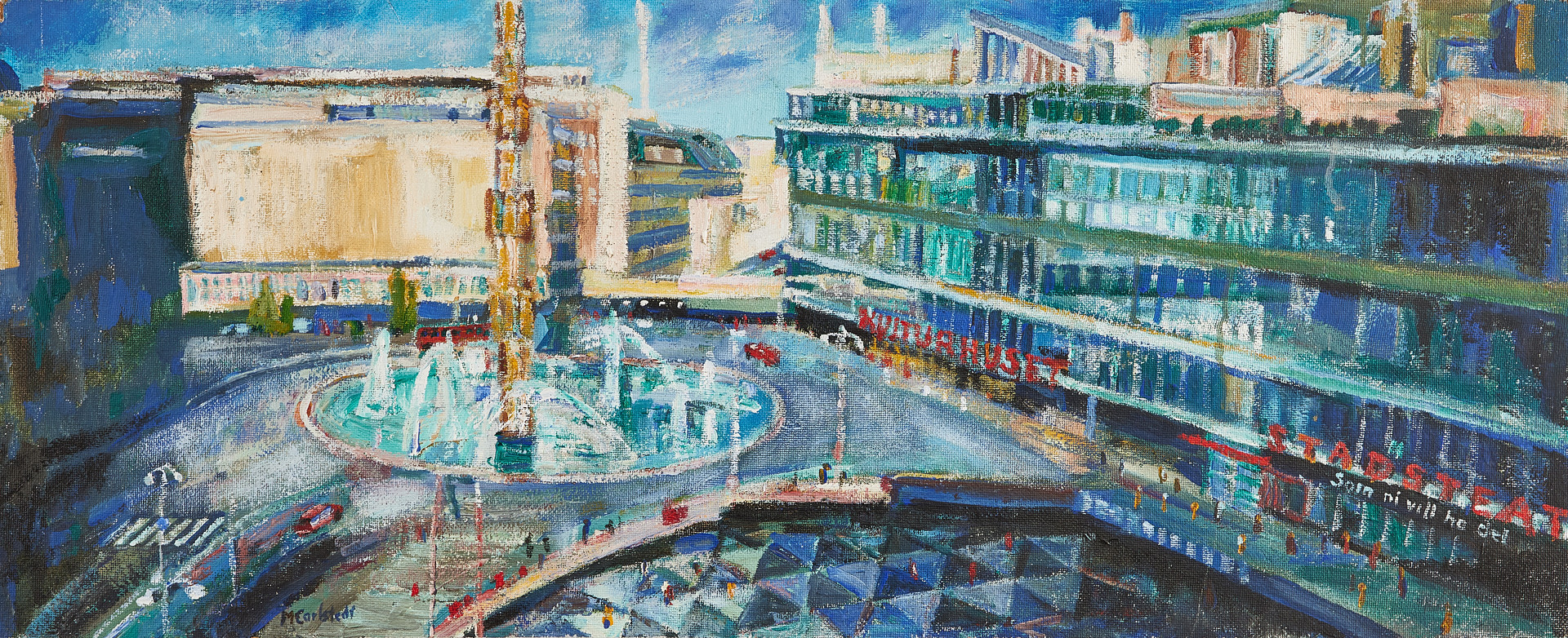 MARGARETA CARLSTEDT (f. 1934) Sergels torg. Oljemålning på pannå, signerad M Carlstedt.