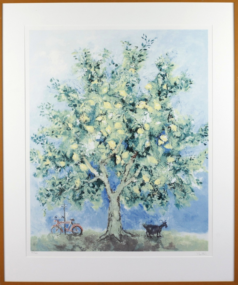 YIANNIS KOTTIS. Litografi, 43/185, cykel under citronträd, signerad.