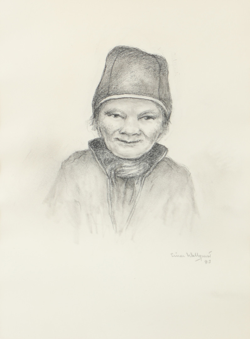 EINAR WALLQUIST. Samekvinna, teckning, signerad -83.