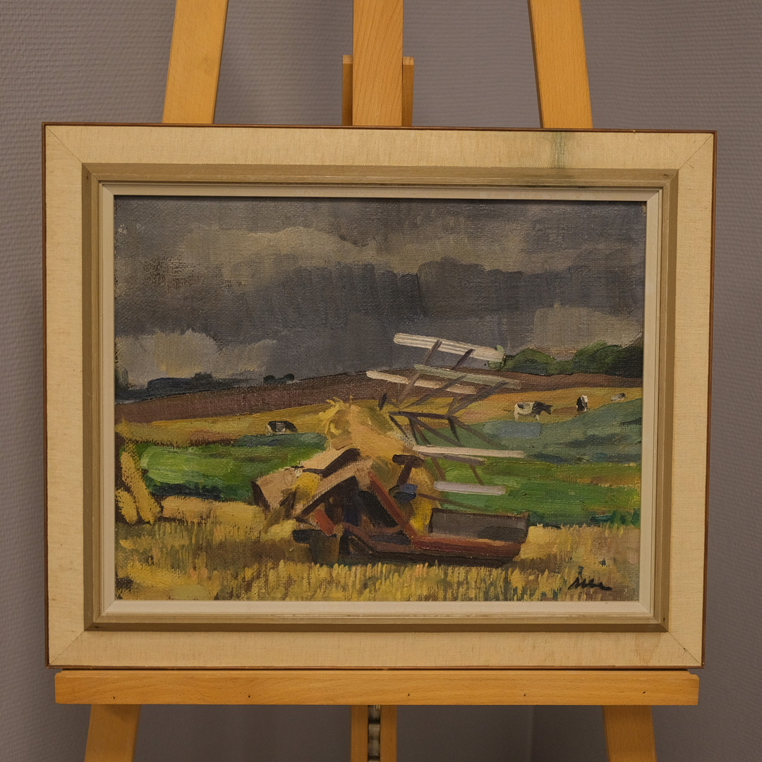 ALBERT ABBE. "SKÖRDEMASKIN", OLJA PÅ DUK.