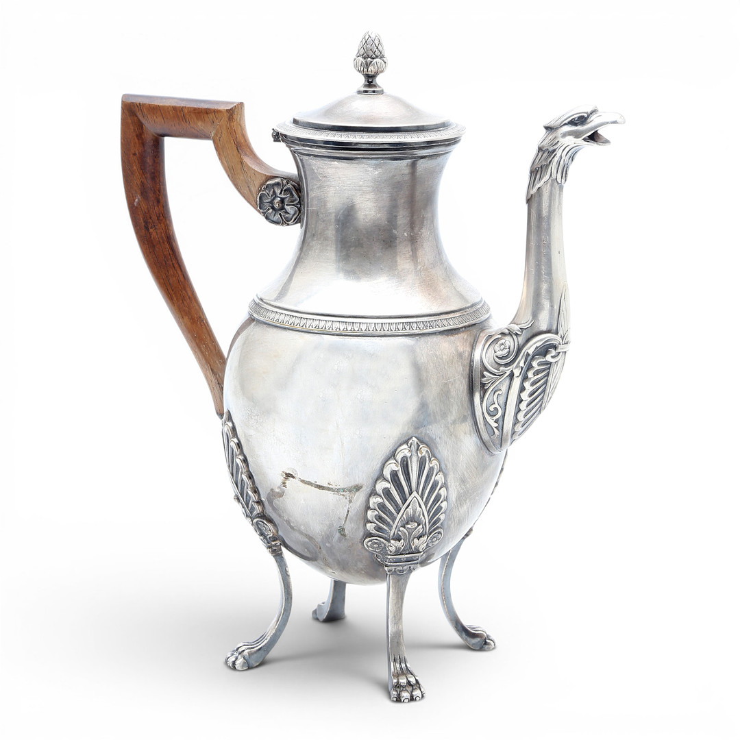 French Empire-style coffee pot in silvery metal, late 19th Century.
