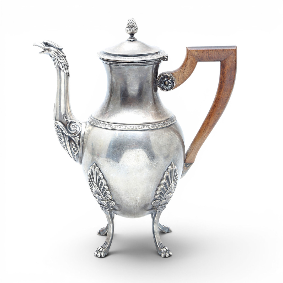 French Empire-style coffee pot in silvery metal, late 19th Century.