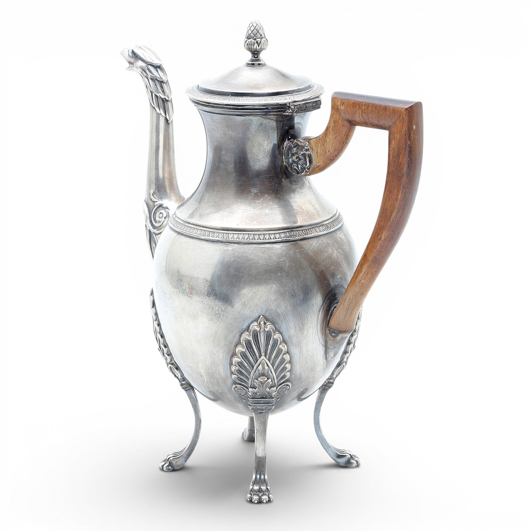 French Empire-style coffee pot in silvery metal, late 19th Century.