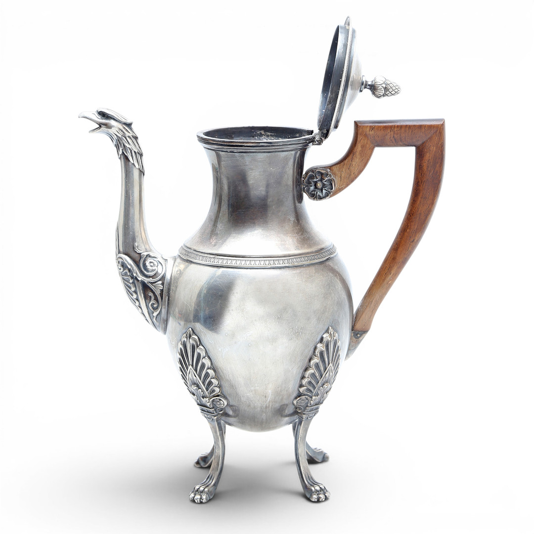 French Empire-style coffee pot in silvery metal, late 19th Century.