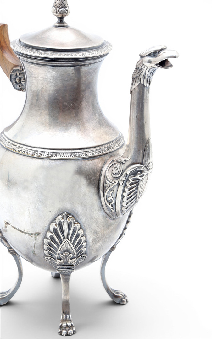 French Empire-style coffee pot in silvery metal, late 19th Century.
