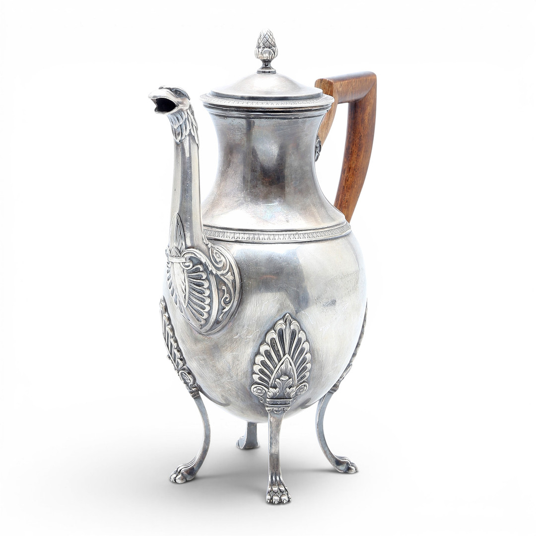 French Empire-style coffee pot in silvery metal, late 19th Century.