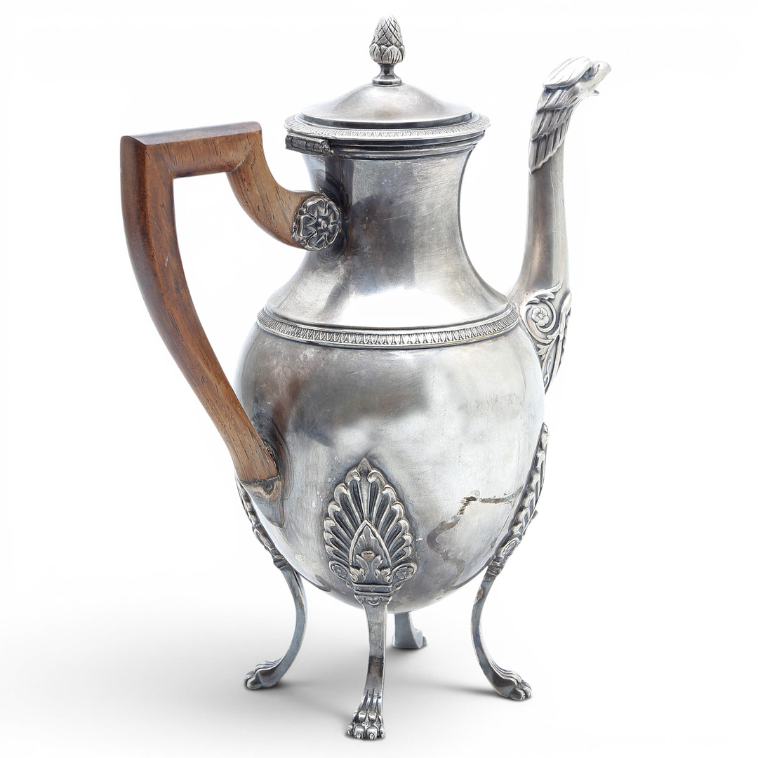 French Empire-style coffee pot in silvery metal, late 19th Century.