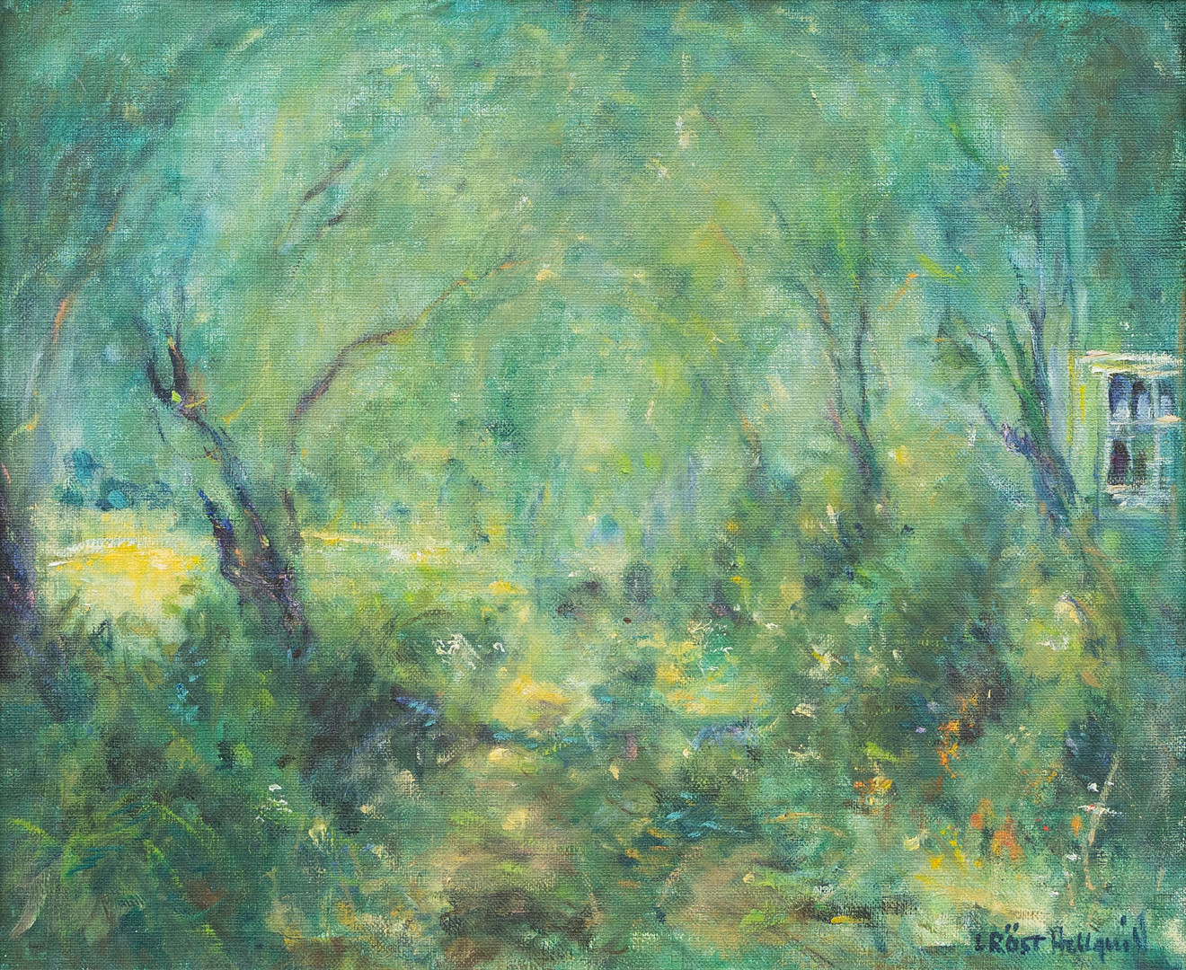 LISBET RÖST HELLQUIST. Huset i skogen, olja på duk, signerad.
