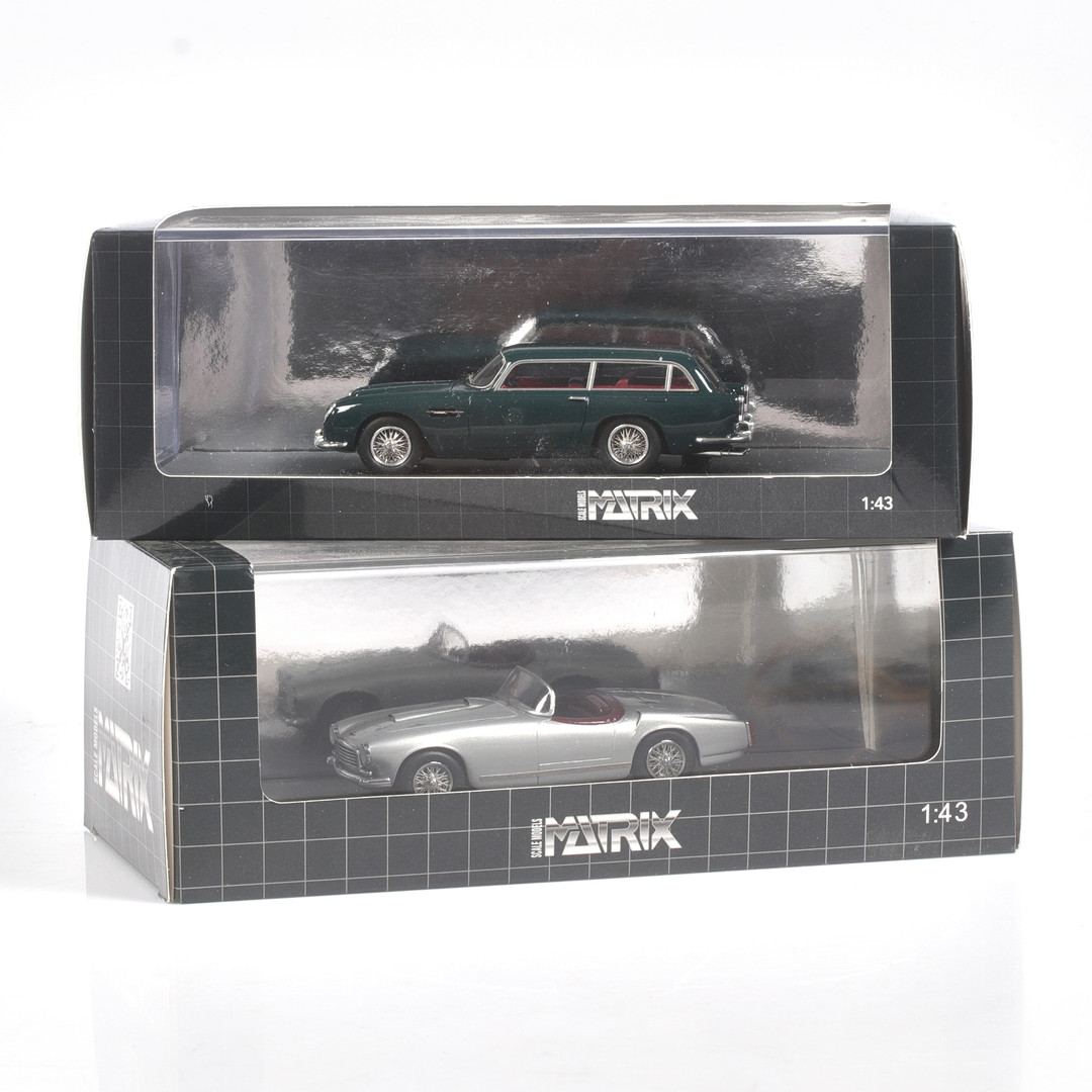 MODELLBILAR, 2 st, metall/resin. Bl.a. Aston Martin, DB 2/4 MK II, Matrix Models, skala 1:43.