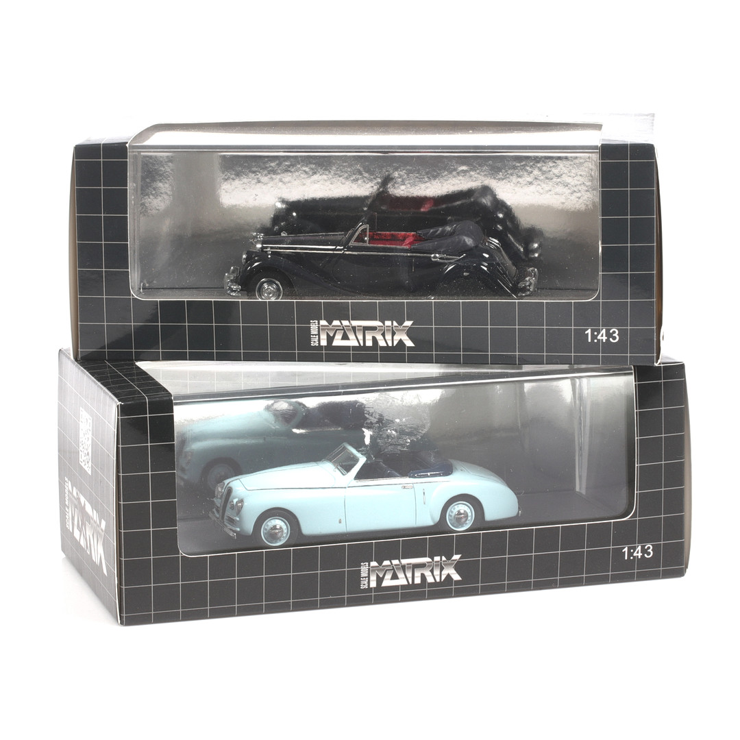 MODELLBILAR, 2 st, metall/resin. Bl.a. Bristol 400 DHC, Matrix Models, skala 1:43.