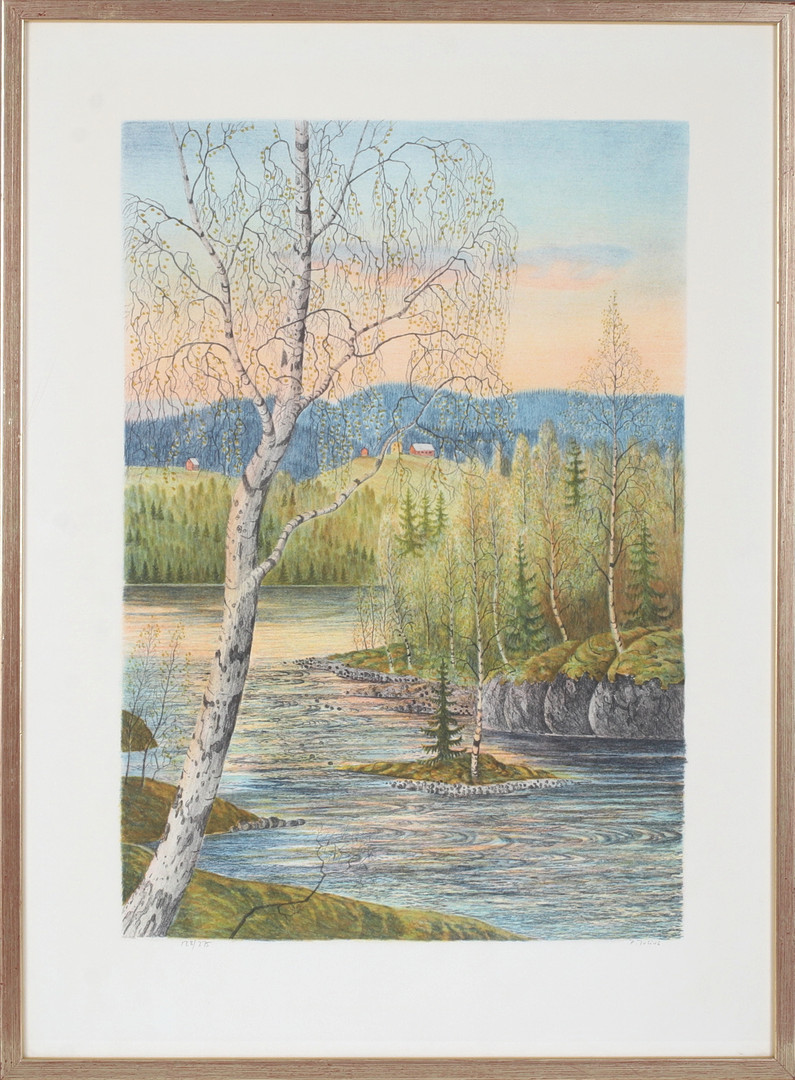 PER JULIUS. Insjölandskap, färglitografi, signerad 128/275.