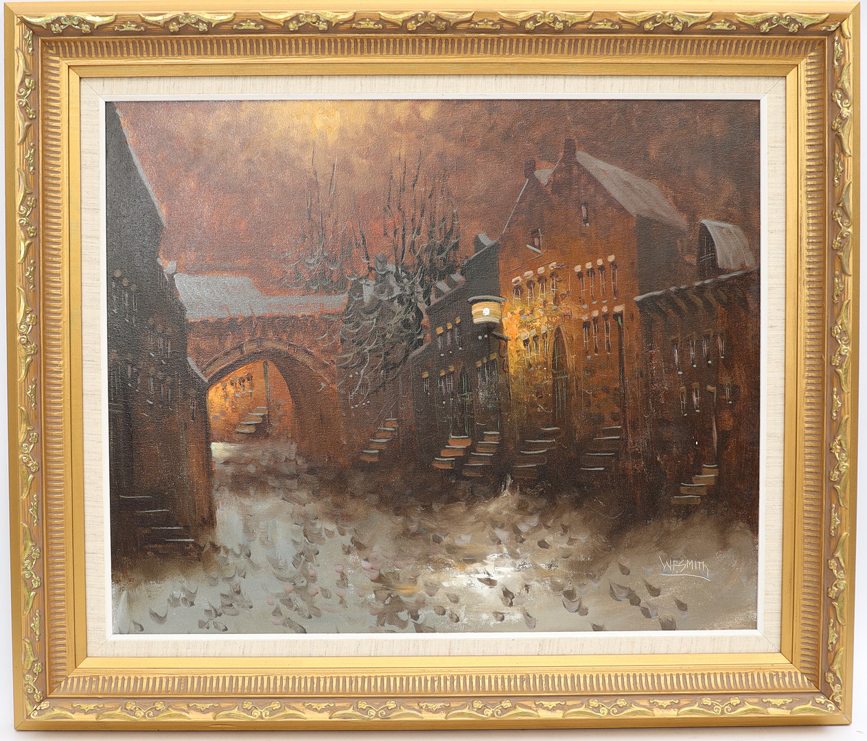 W.F.SMITH. Månbelyst stadsbild, oljemålning på duk.