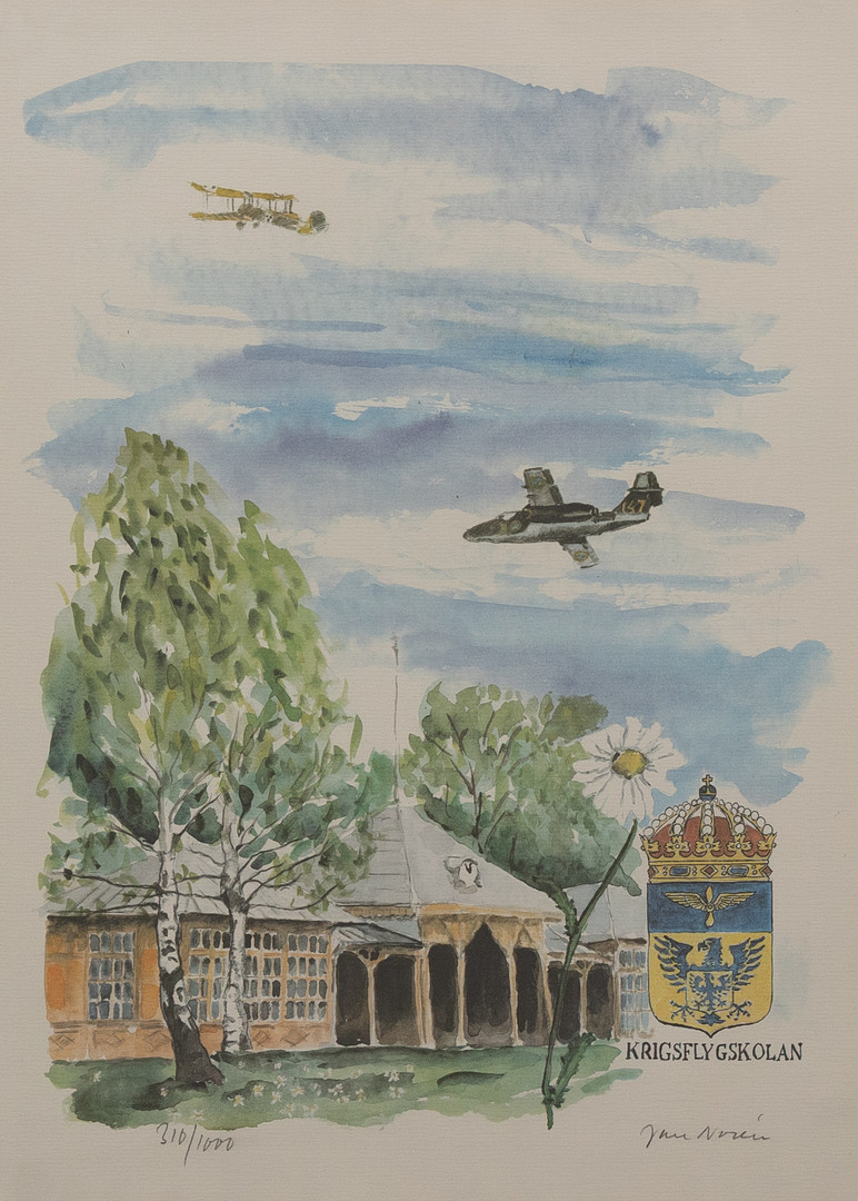 JAN NORÉN. "Krigsflygskolan", litografi nr 310/100, signerad.