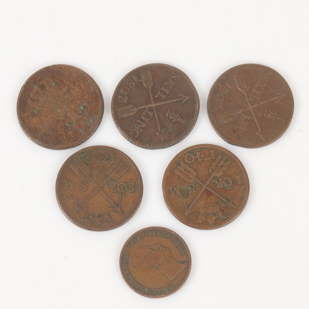 MYNT, 6 stycken, koppar, Sverige, 1700/1800-tal.