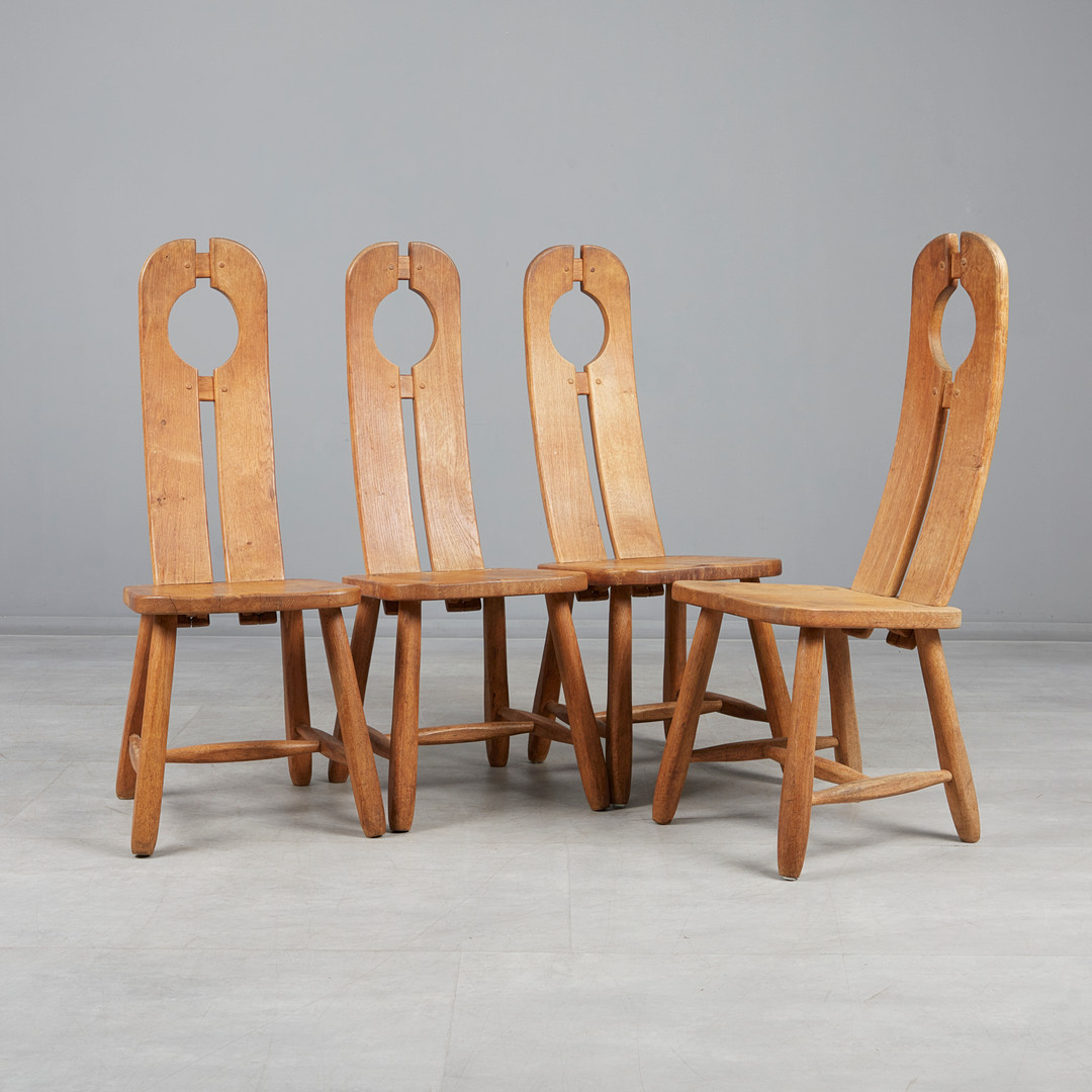 DE PUYDT. Set brutalistische Stühle / Esszimmerstühle, Eiche, 1960er Jahre, Belgien. (4).