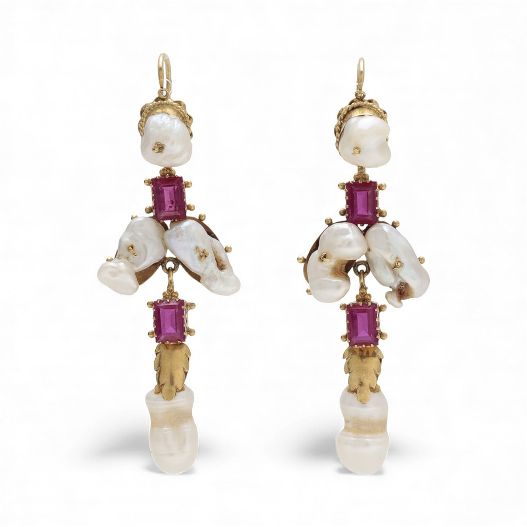Historicist style gold and gemstones long earrings.