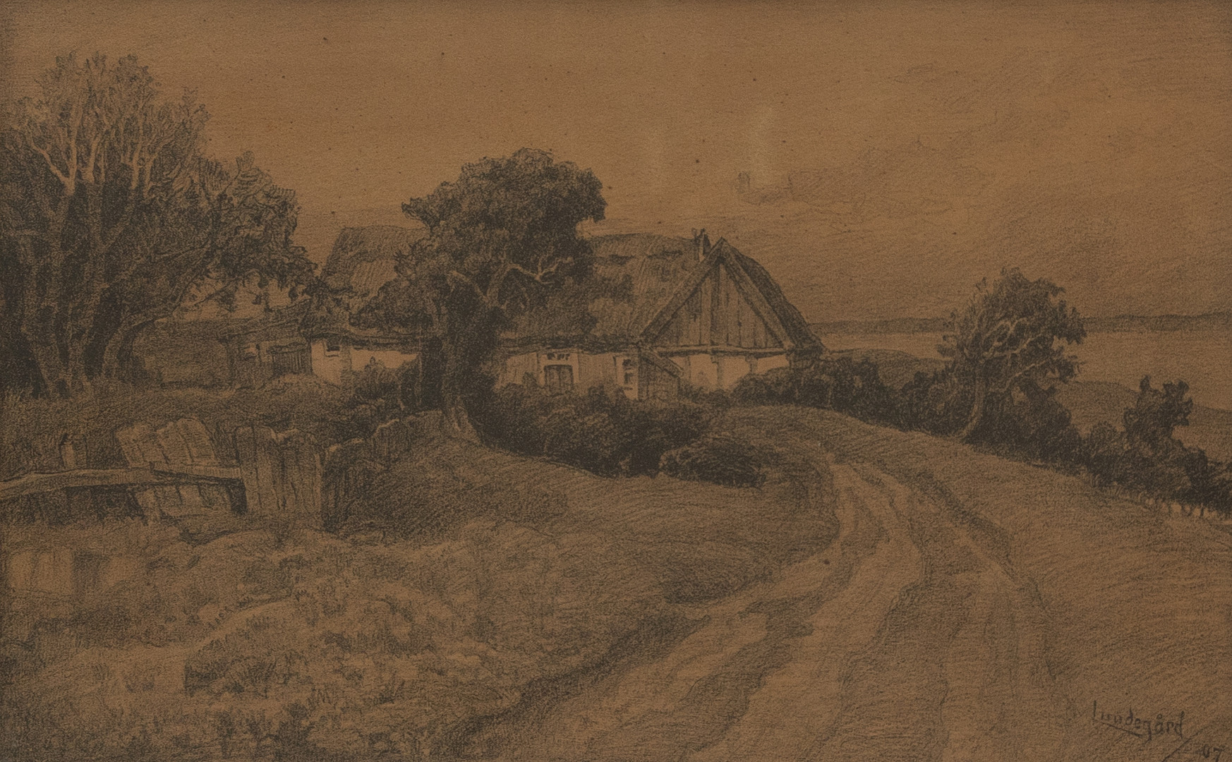 JUSTUS, LUNDEGÅRD  (1860-1924). Gård i landskap, litografi, signerad Lundegård och daterad -07.