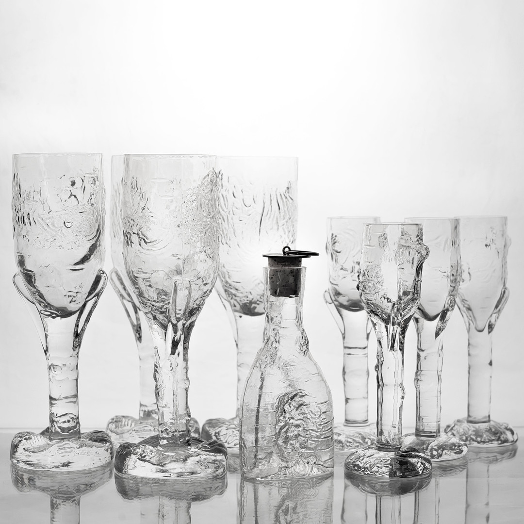 EUGEN MONTELIN. Glasservis, "Stubbe", 9 delar, Reijmyre Glasbruk, 1900-tal.